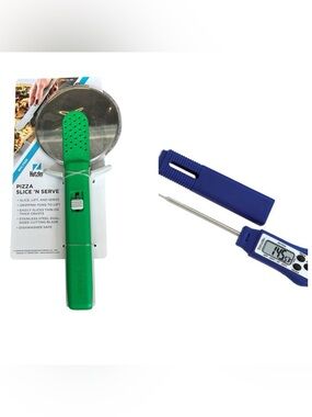 Green Silicone Pizza cutter/ Holder + Blue Digital Probe Thermometer